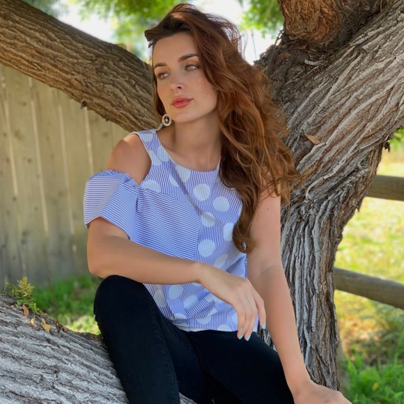 Eva Franco Anthropologie Polka Dot Top Ruffle Detail One Shoulder Striped - Picture 3 of 10